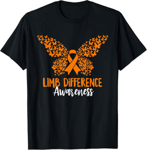 Limb Difference Awareness Butterfly Orange Ribbon Amputee T-Shirt - T-Shirt | Black