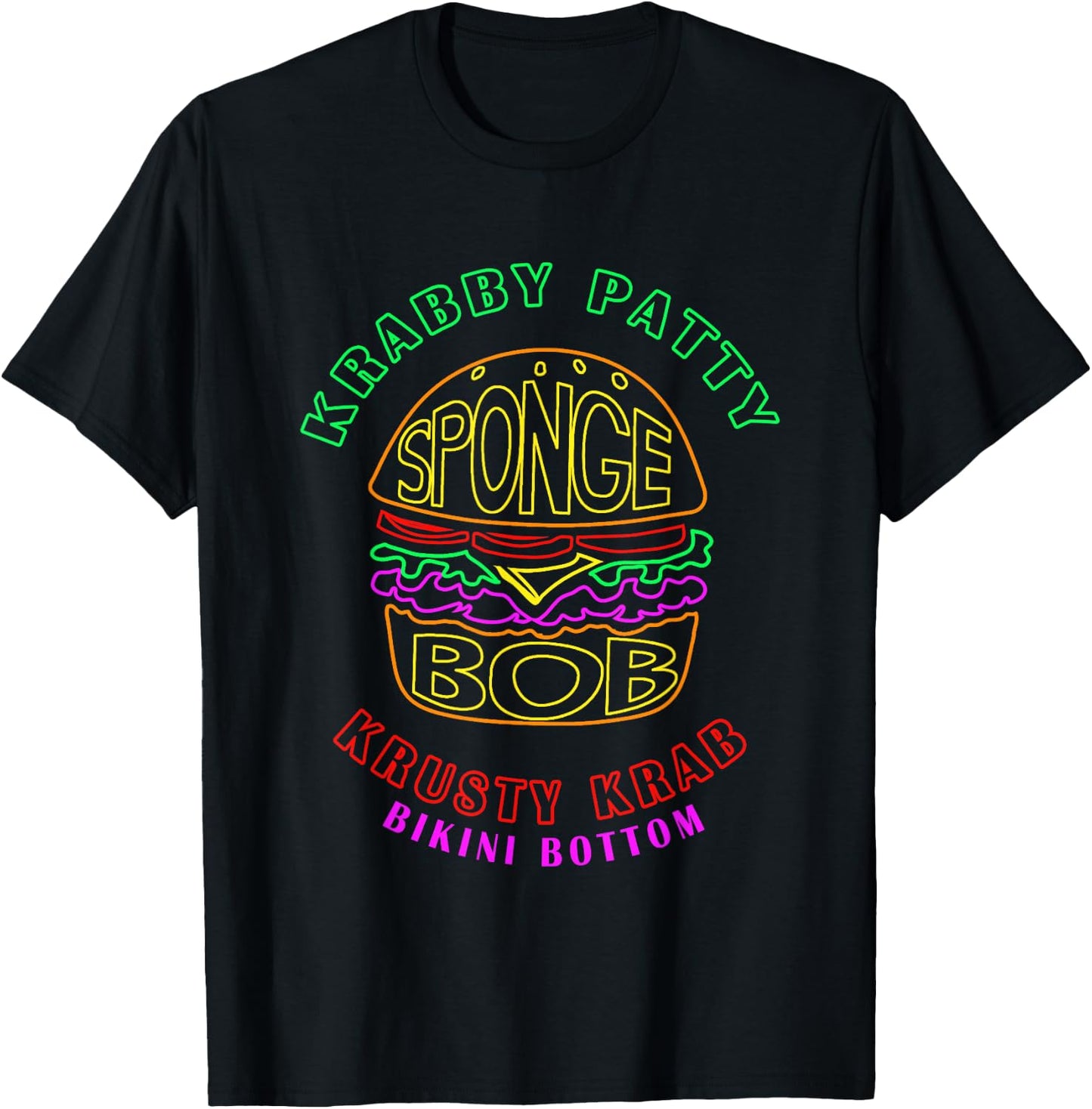 SpongeBob SquarePants Krabby Patty Retro Neon Outline Logo T-Shirt - T-Shirt | Black