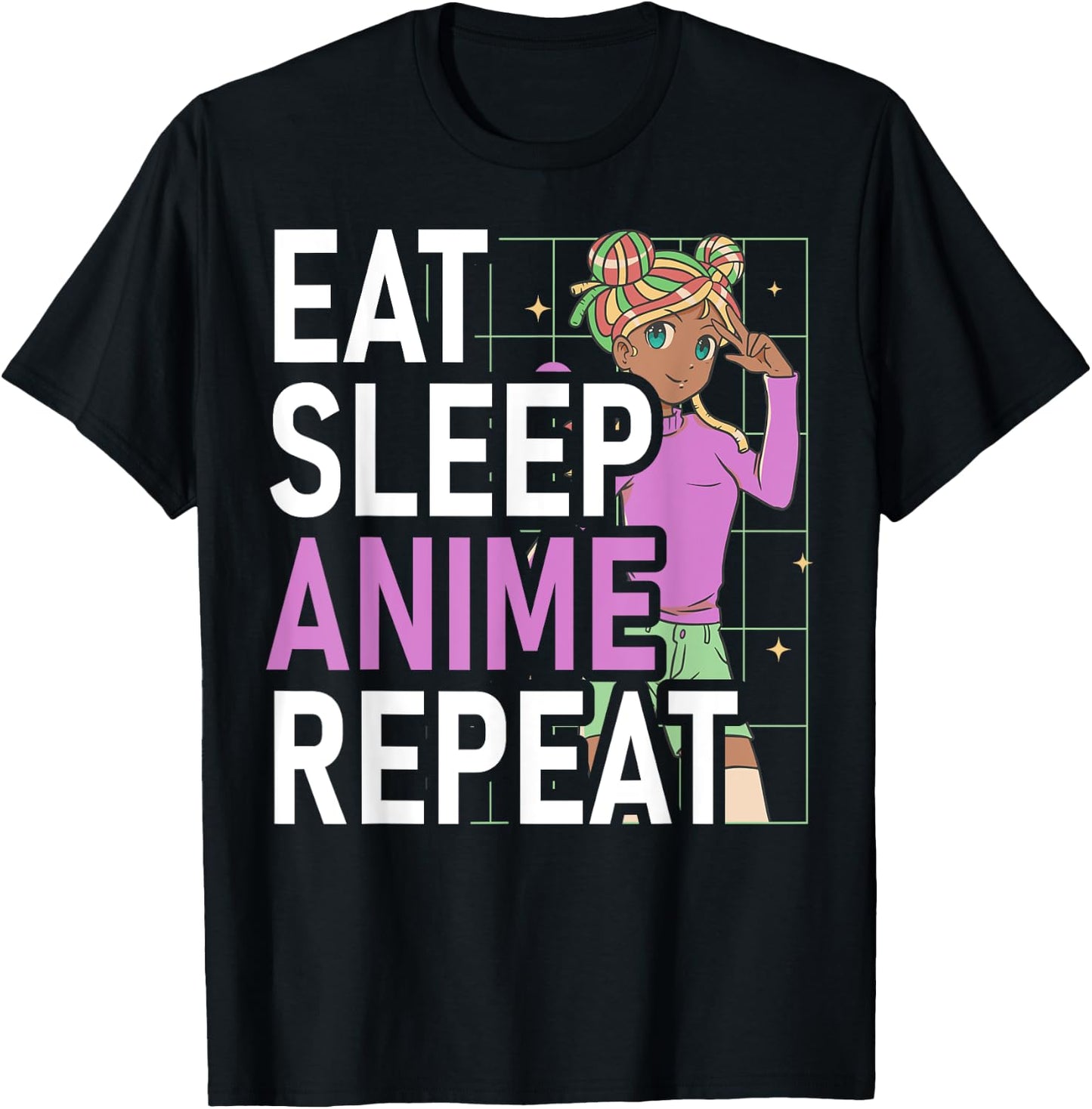Eat Sleep Anime Repeat Anime Black Girl Afro Manga Otaku T-Shirt - T-Shirt | Black