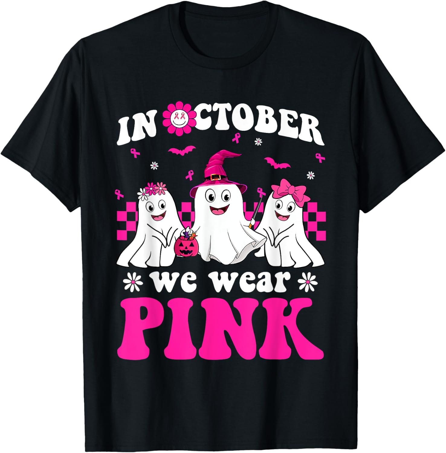 Wear Pink Groovy Ghost Halloween Breast Cancer Awareness T-Shirt - T-Shirt | Black