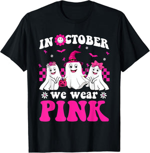 Wear Pink Groovy Ghost Halloween Breast Cancer Awareness T-Shirt - T-Shirt | Black