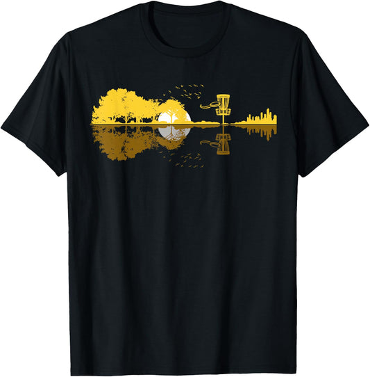 Disc Golf Sunset Guitar Guitarist Player Golfing Frisbee Dad T-Shirt - T-Shirt | Black