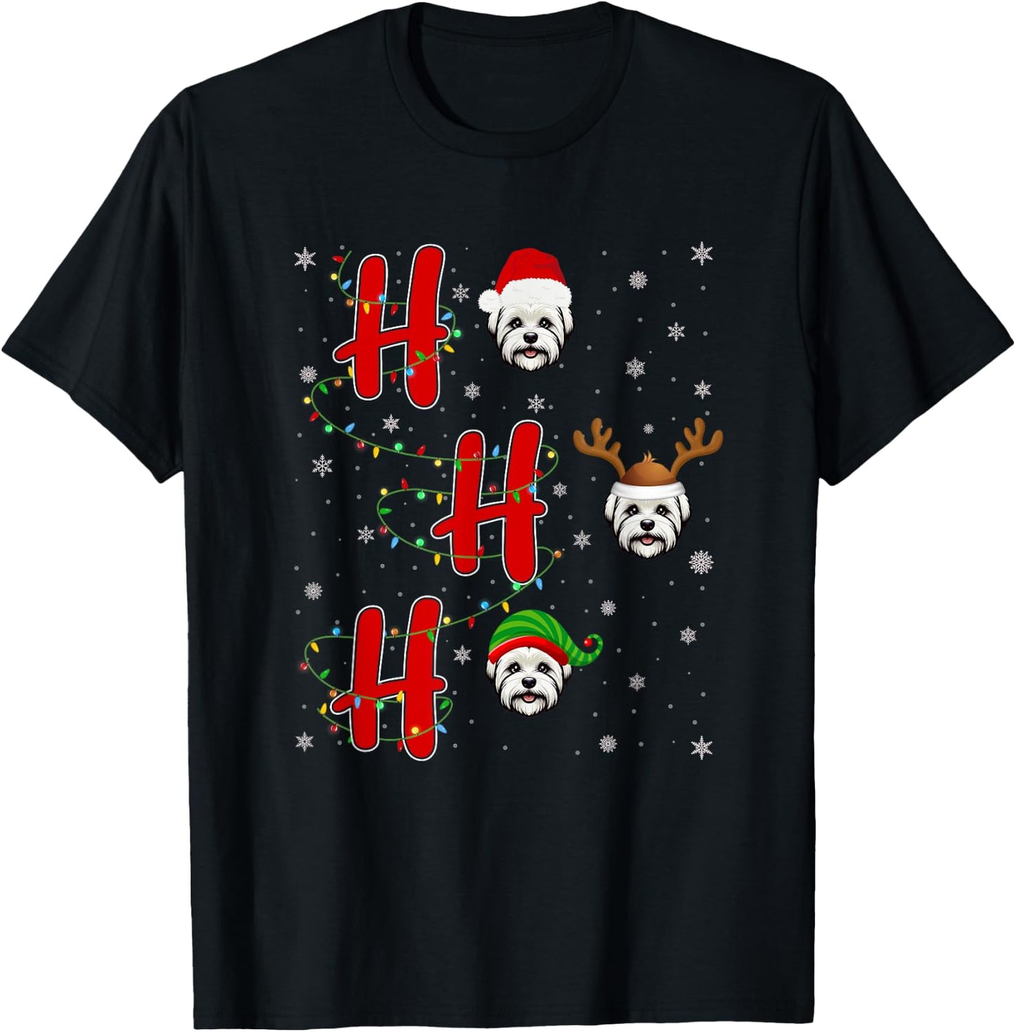 Xmas Lights HO HO HO Maltese Dog Funny Ugly Christmas T-Shirt - T-Shirt | Black