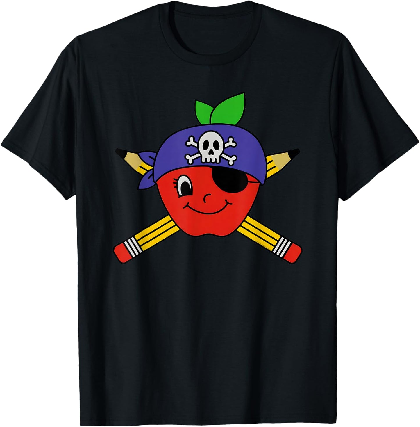 Teacher's Pirate Apple with Crossed Pencils Pirate Teacher T-Shirt - T-Shirt | Black