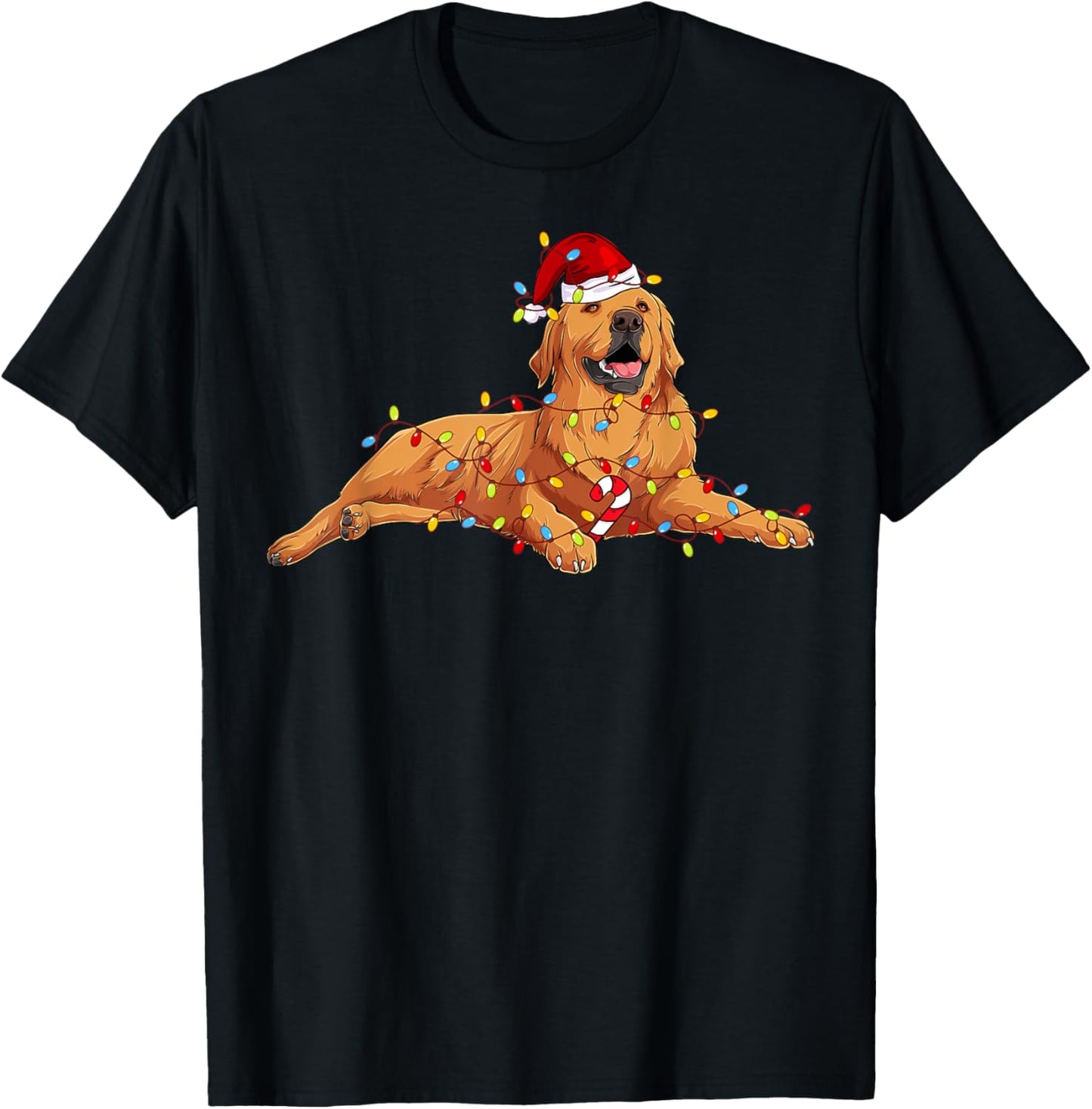 Golden Retriever Santa Hat Christmas Tree Lights Pajama T-Shirt - T-Shirt | Black