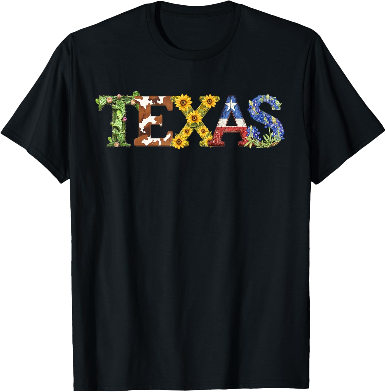 Texas-Themed Letters with Cactus, Sunflowers, & Bluebonnets T-Shirt - T-Shirt | Black