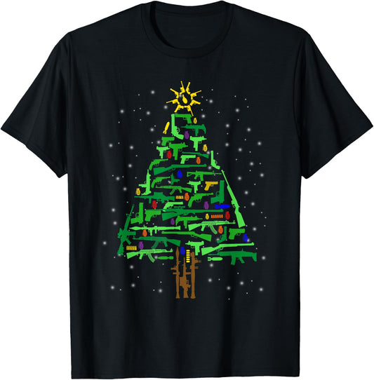 Gun Christmas Tree Funny Veteran Xmas 2024 Gifts Gun Lover T-Shirt - T-Shirt | Black