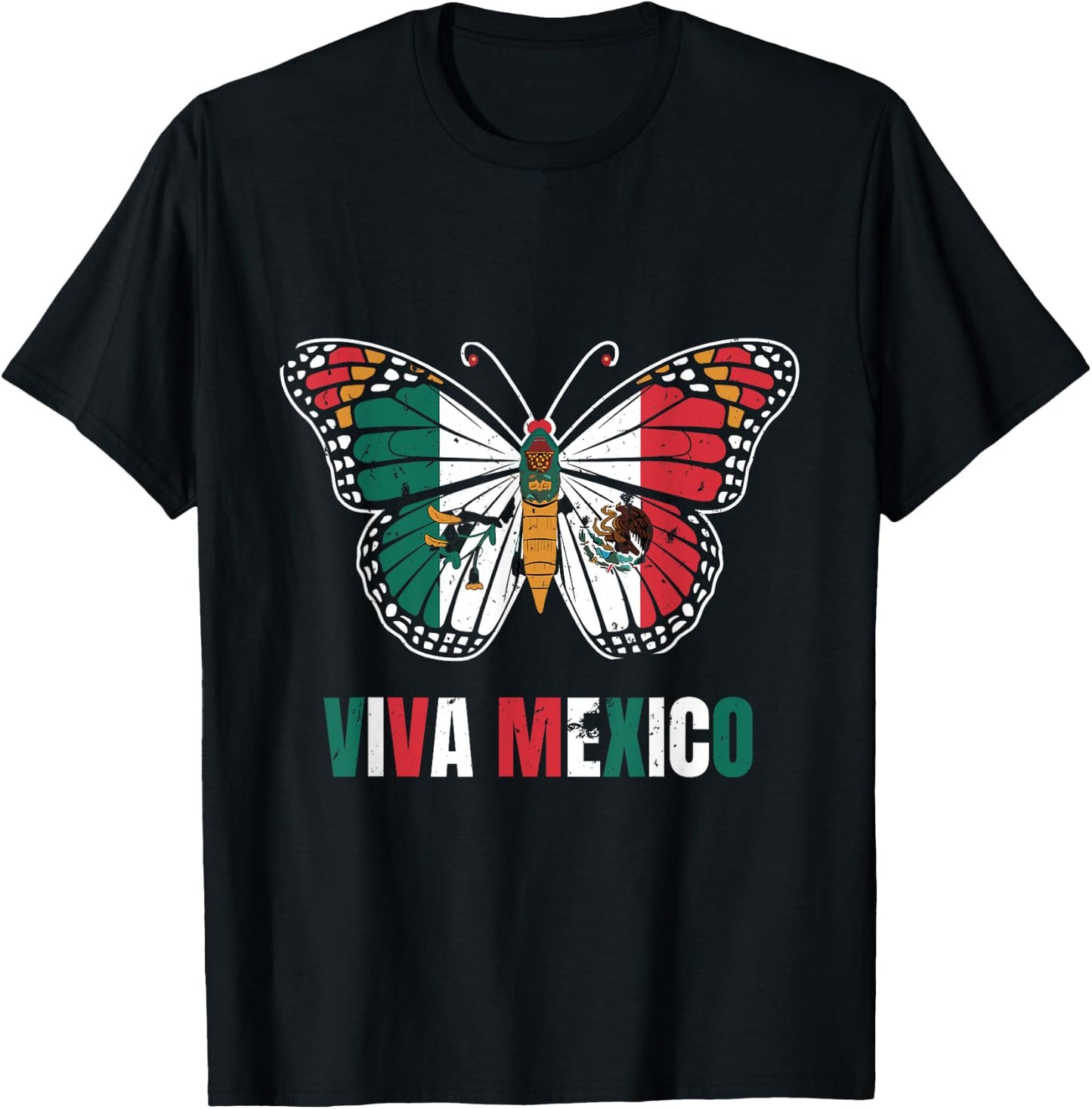 Viva Mexico Mexican Independence Day Butterfly flag Mexico T-Shirt - T-Shirt | Black