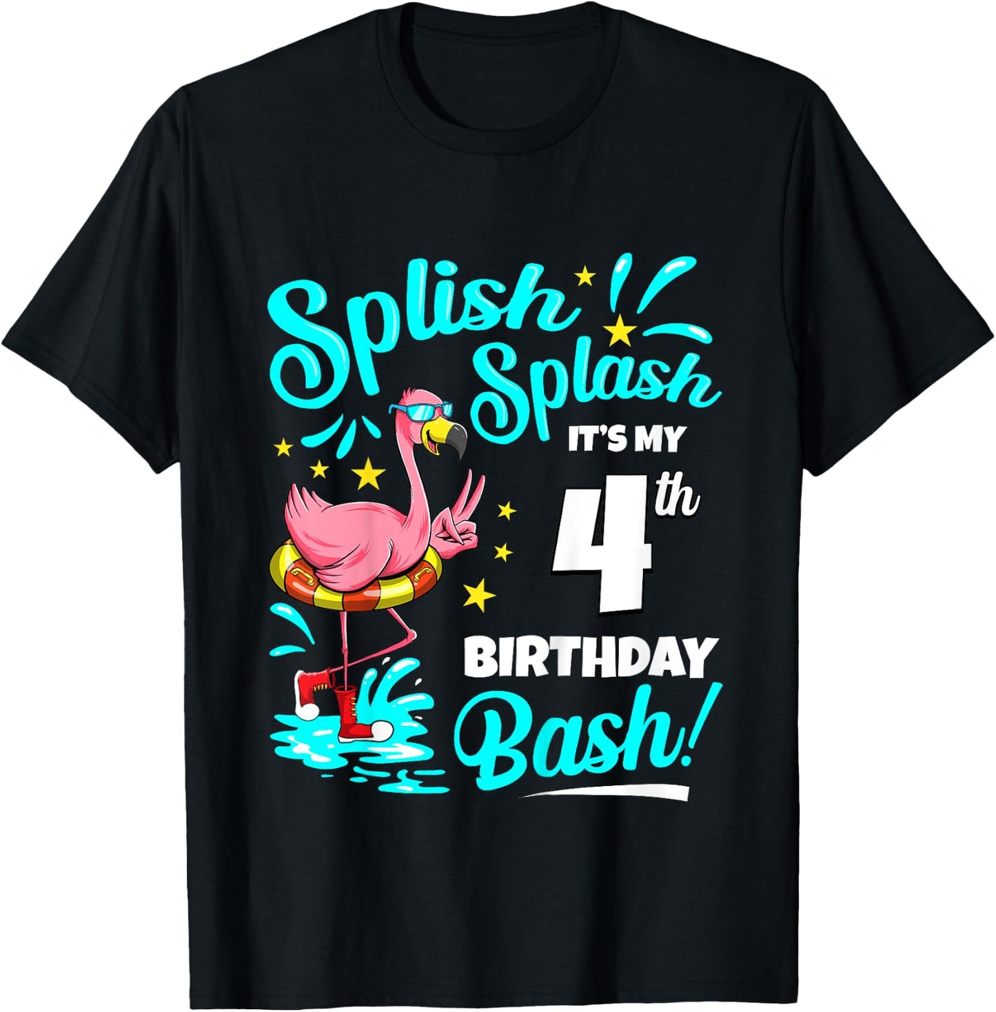 4th Birthday Flamingo 4 Years Old Pool Party Summer for Kids T-Shirt - T-Shirt | Black