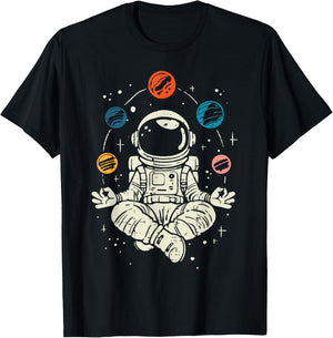 Meditating Astronaut Planets Space Yoga Lotus Kids Men Women T-Shirt - T-Shirt | Black