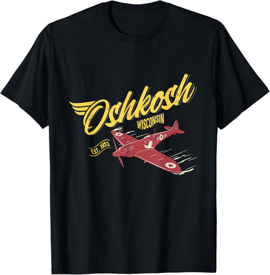Vintage Airplane Oshkosh Wisconsin Aviation Souvenir T-Shirt - T-Shirt | Black