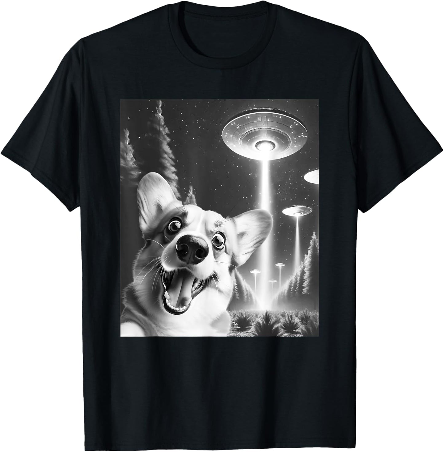 Funny Corgi Alien UFO Taking a Selfie Dog Mom Dad T-Shirt - T-Shirt | Black