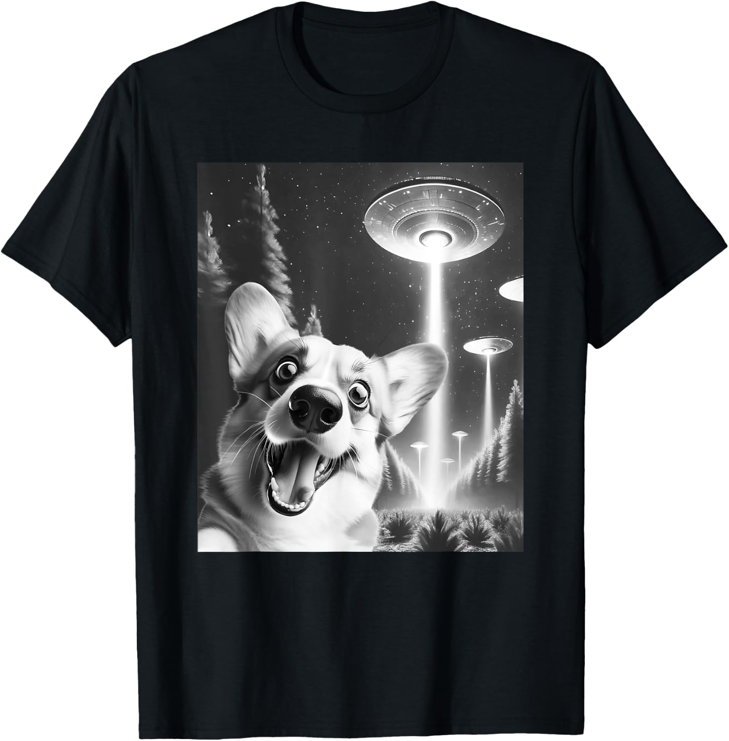 Funny Corgi Alien UFO Taking a Selfie Dog Mom Dad T-Shirt - T-Shirt | Black