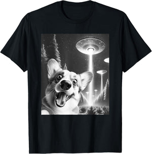 Funny Corgi Alien UFO Taking a Selfie Dog Mom Dad T-Shirt - T-Shirt | Black