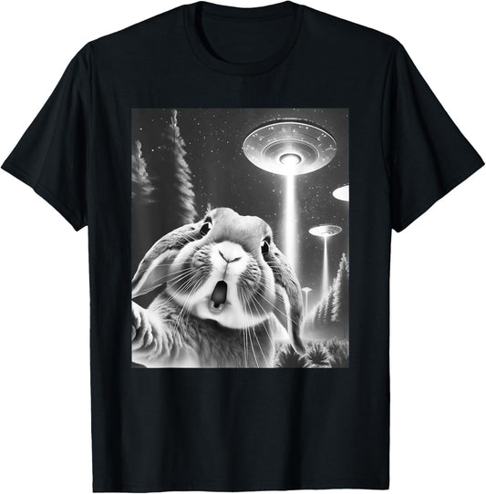 Funny Rabbit Alien UFO Taking a Selfie Animal Lover T-Shirt - T-Shirt | Black