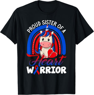 Proud Sister Of A Heart Warrior CHD Awareness Unicorn Rainbo T-Shirt - T-Shirt | Black