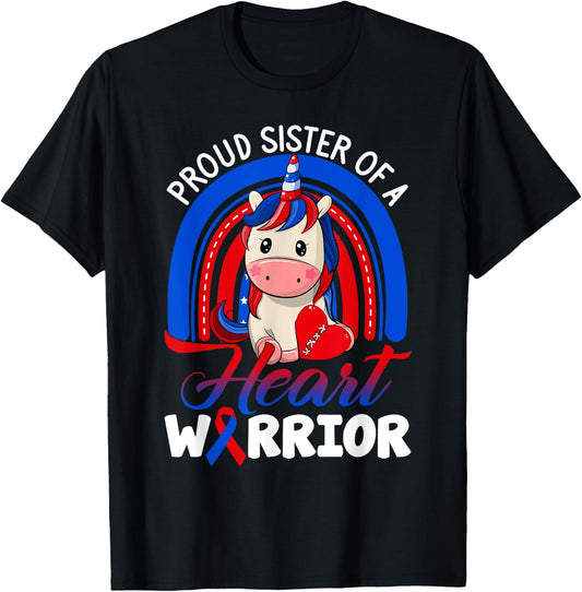 Proud Sister Of A Heart Warrior CHD Awareness Unicorn Rainbo T-Shirt - T-Shirt | Black