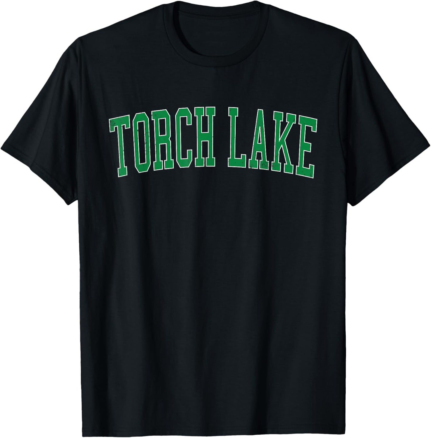 Vintage Torch Lake Distressed Green Varsity Style T-Shirt - T-Shirt | Black