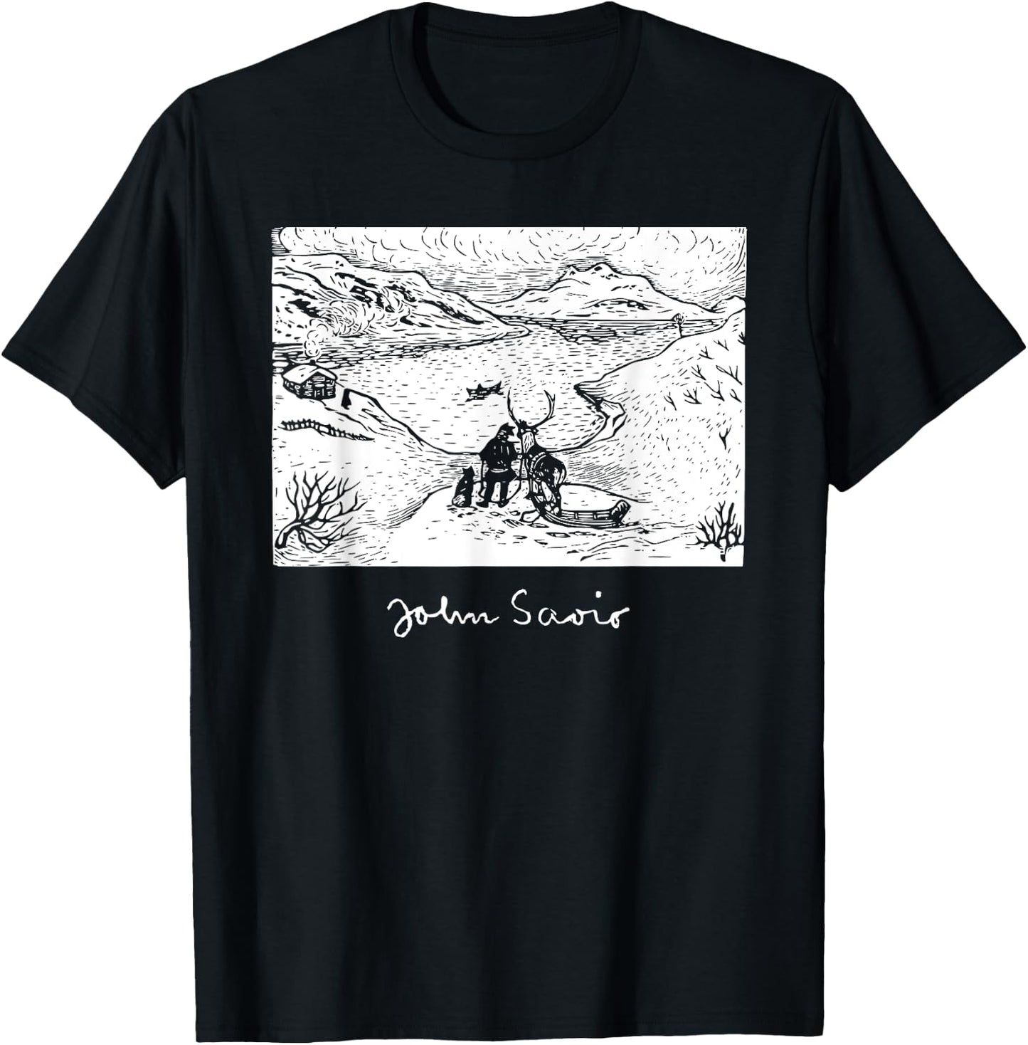 John Savio Sami Art Lapland Lapp with Reindeer at Bay Snow T-Shirt - T-Shirt | Black