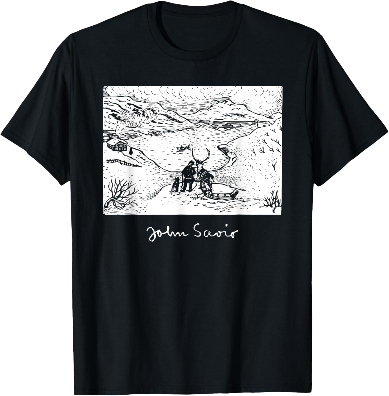 John Savio Sami Art Lapland Lapp with Reindeer at Bay Snow T-Shirt - T-Shirt | Black