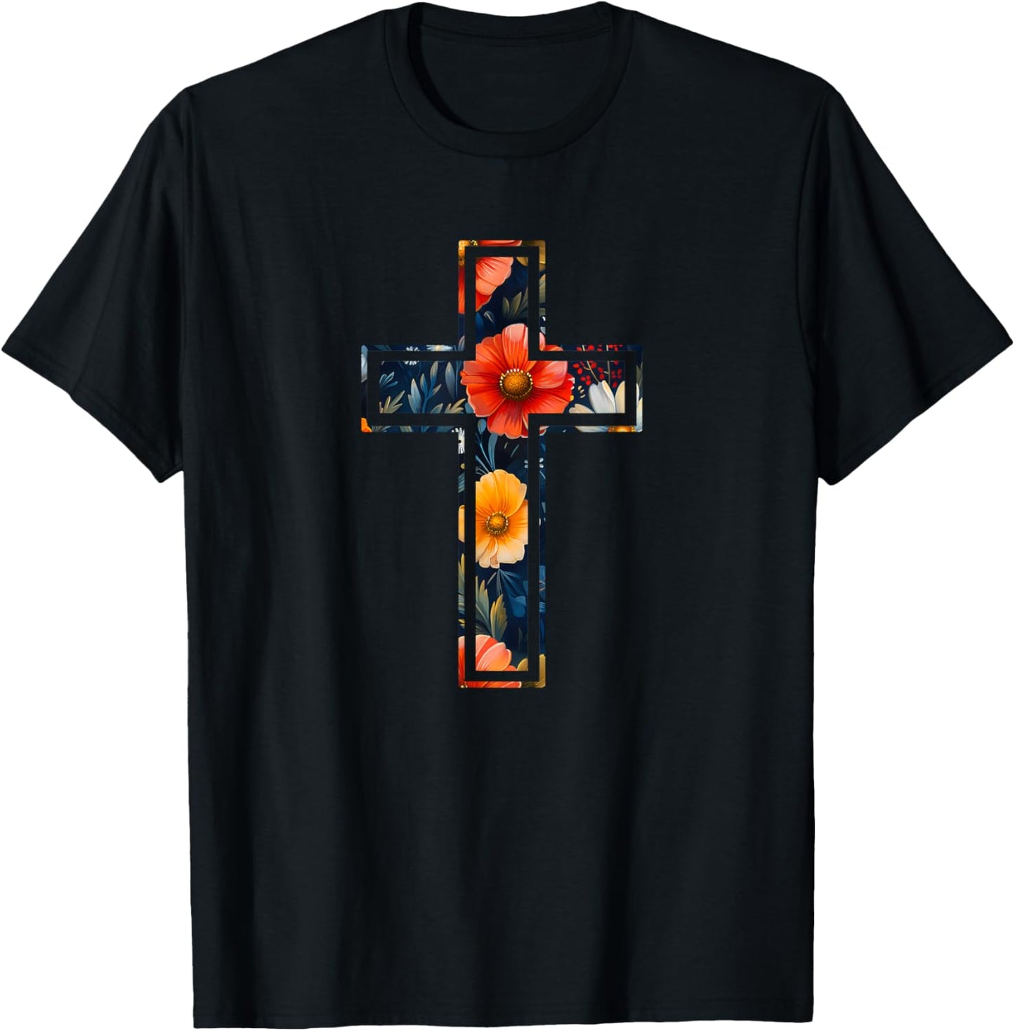 Elegant Silhouette Flowers Faith Floral Christian Cross T-Shirt - T-Shirt | Black