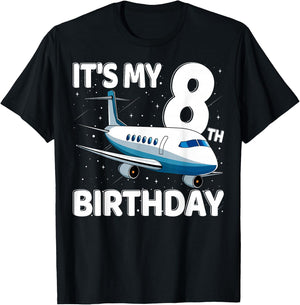 It's My 8th Birthday Airplane 8 year old Birthday Boy Girl T-Shirt - T-Shirt | Black