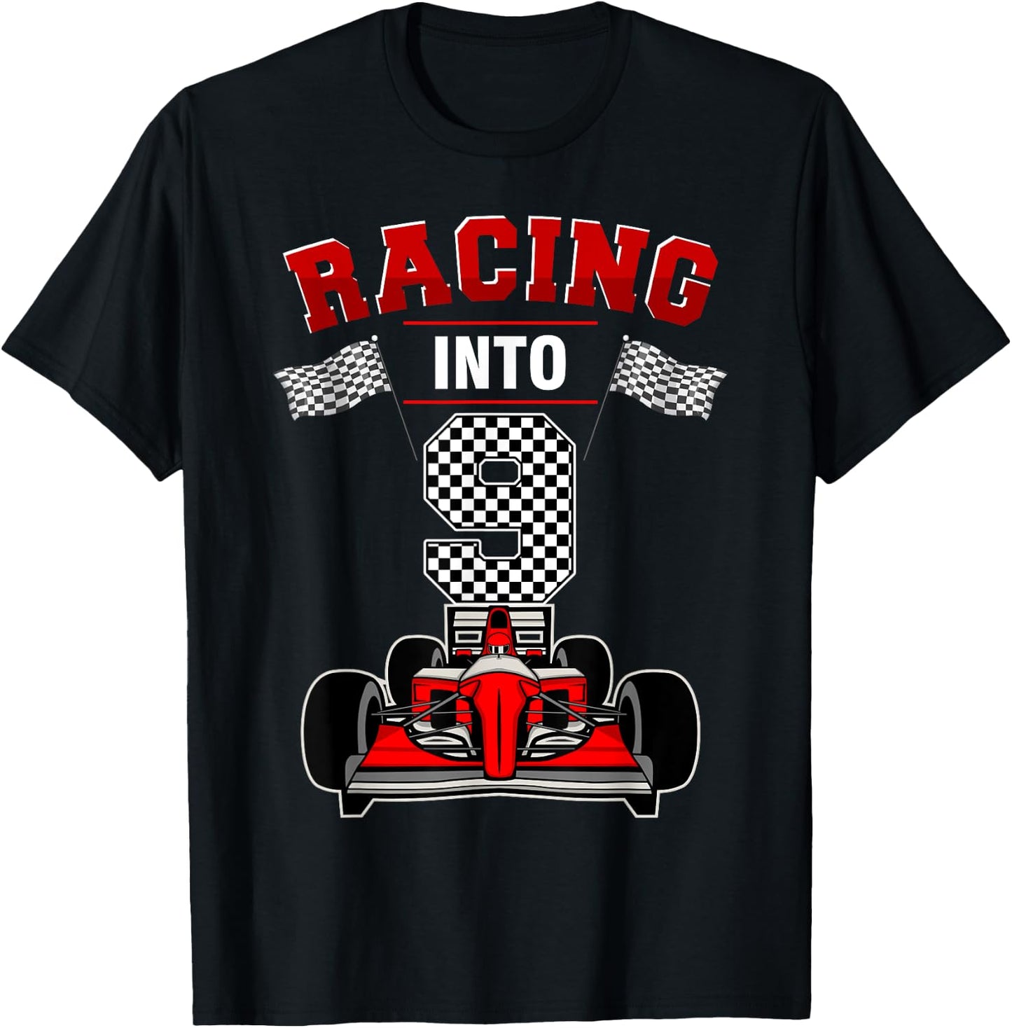 Racing Into 9 Race Car 9th Bday Party 9 Years Old T-Shirt - T-Shirt | Black