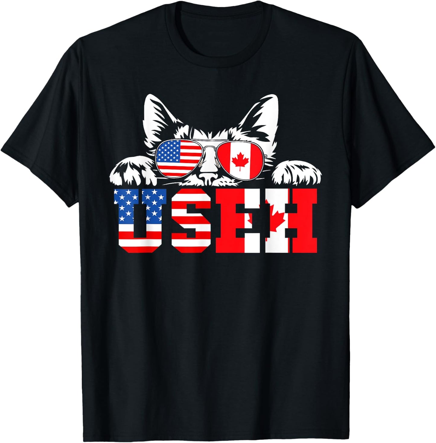 Funny Cat Lover Maple Leaf Canadian & USA Flag Canada Day T-Shirt - T-Shirt | Black