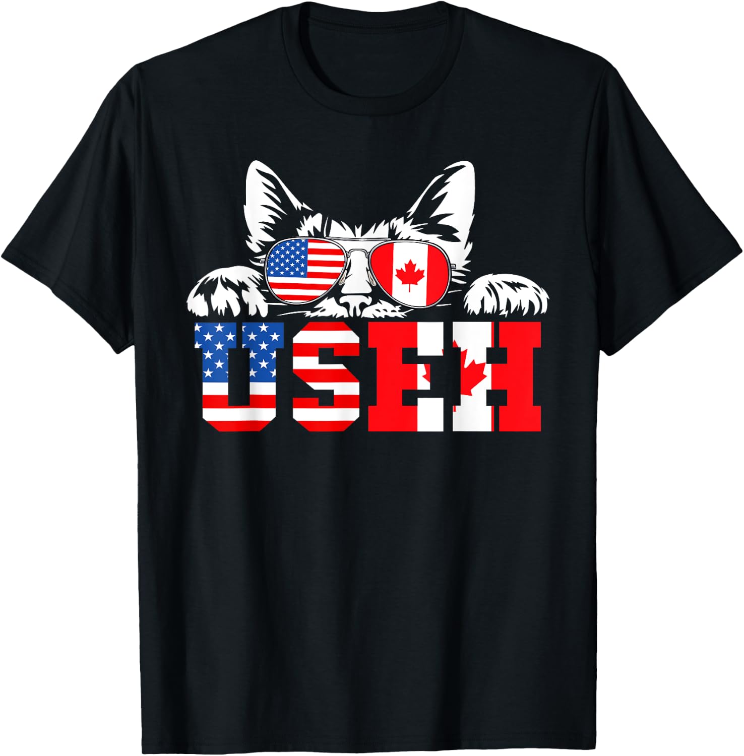 Funny Cat Lover Maple Leaf Canadian & USA Flag Canada Day T-Shirt - T-Shirt | Black