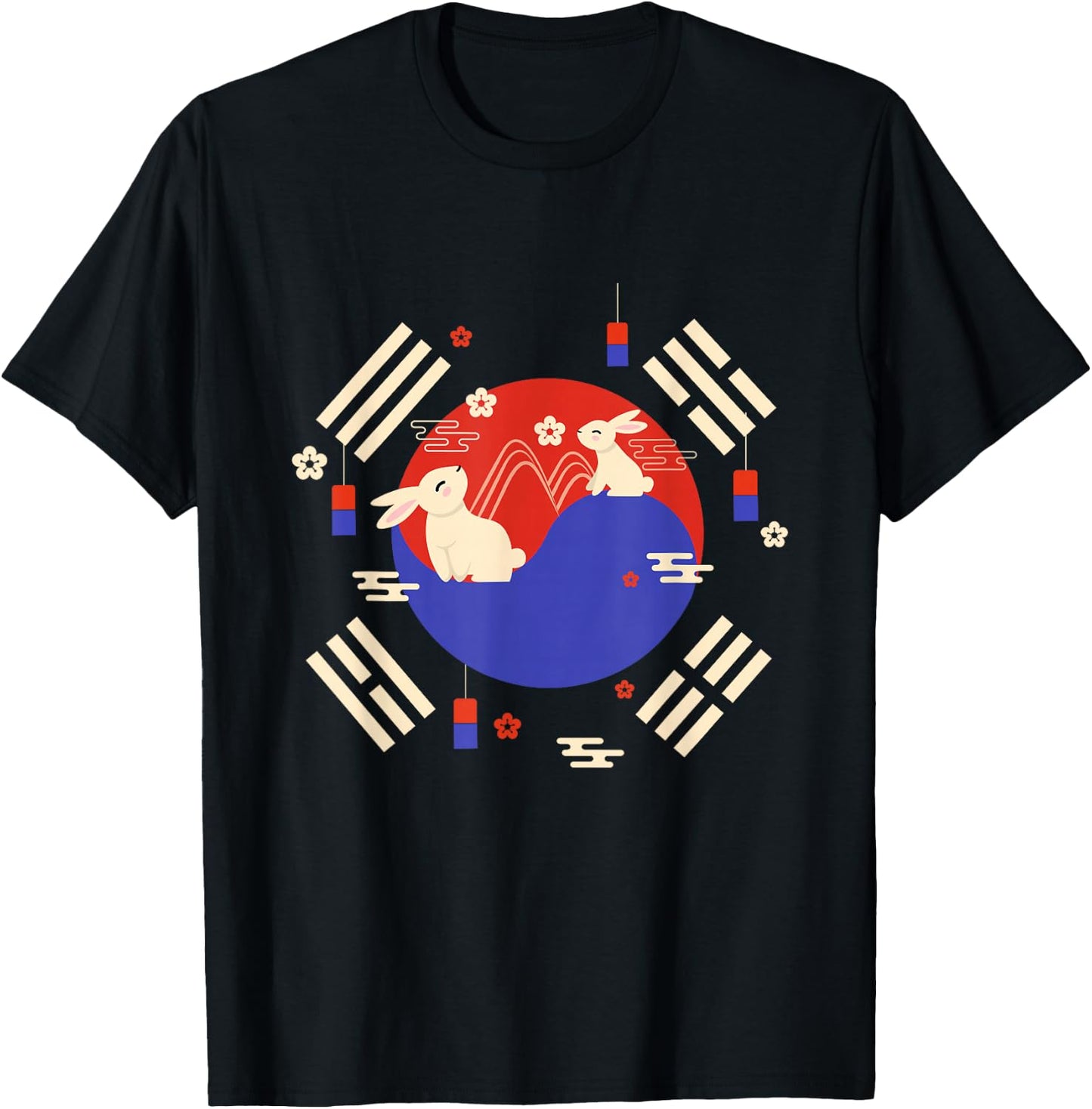 Chuseok Korean Flag Mid-Autumn Festival Cute Rabbit Kids T-Shirt - T-Shirt | Black