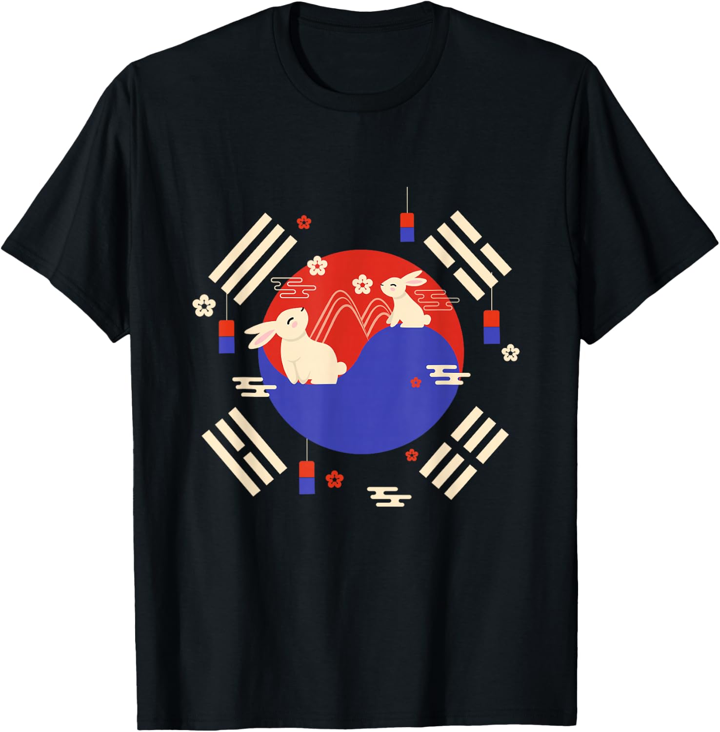 Chuseok Korean Flag Mid-Autumn Festival Cute Rabbit Kids T-Shirt - T-Shirt | Black