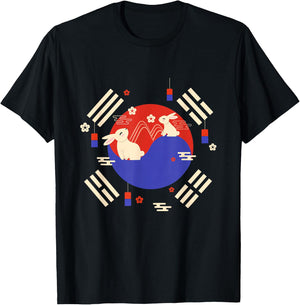 Chuseok Korean Flag Mid-Autumn Festival Cute Rabbit Kids T-Shirt - T-Shirt | Black