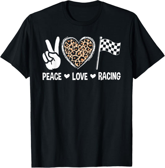 Women's Racing Design Kids Girls Peace Love Racing Race Flag T-Shirt - T-Shirt | Black