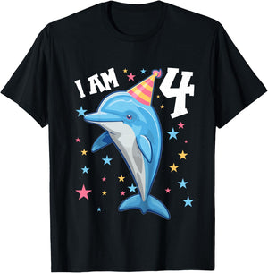 Kids 4 Years old Boy or Girl Dolphins 4th birthday Dolphin T-Shirt - T-Shirt | Black