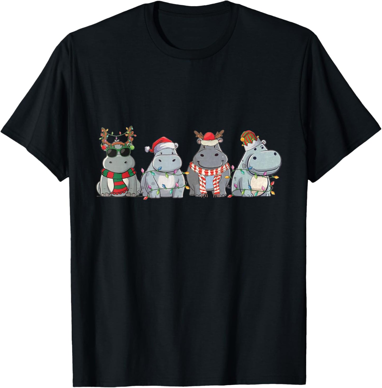 Hippopotamuses Christmas Lights Cute Hippo Christmas T-Shirt - T-Shirt | Black