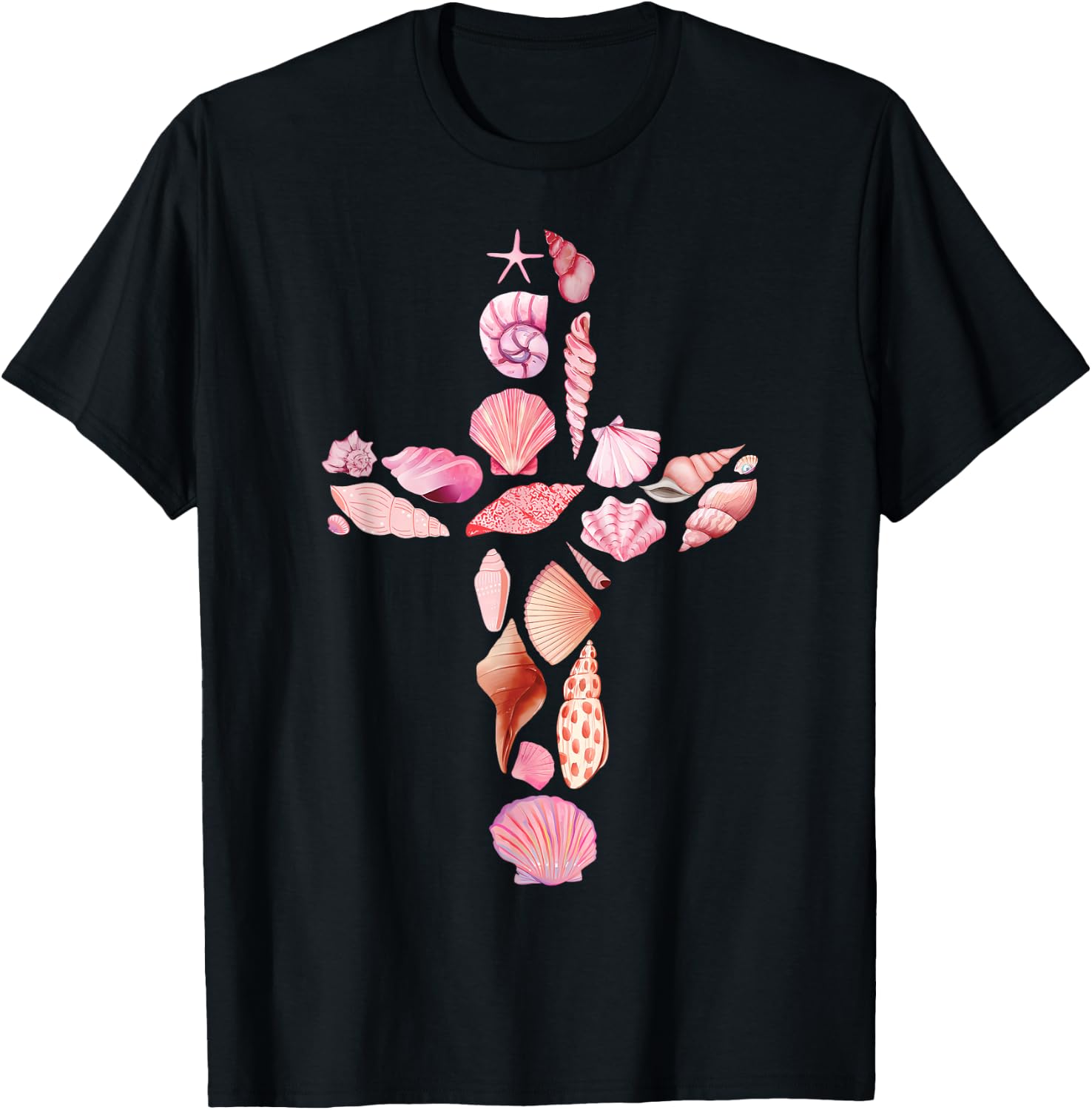 Beachy Ocean Seashell Faith Cross Christian Coquette T-Shirt - T-Shirt | Black