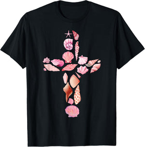 Beachy Ocean Seashell Faith Cross Christian Coquette T-Shirt - T-Shirt | Black