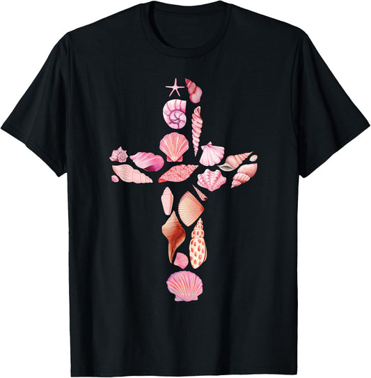 Beachy Ocean Seashell Faith Cross Christian Coquette T-Shirt - T-Shirt | Black