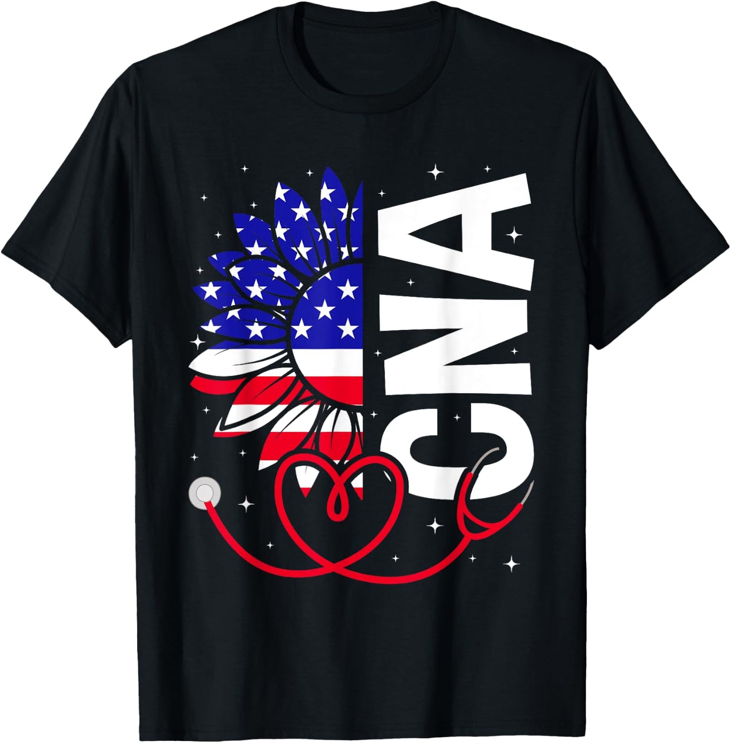 All American CNA Life American Flag Sunflower 4th Of July T-Shirt - T-Shirt | Black