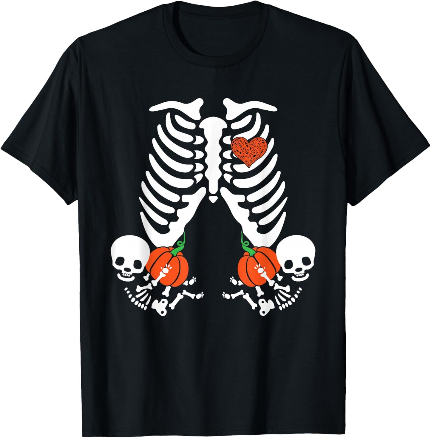 Pregnancy Announcement Skeleton Halloween Baby Pumpkin Twins T-Shirt - T-Shirt | Black