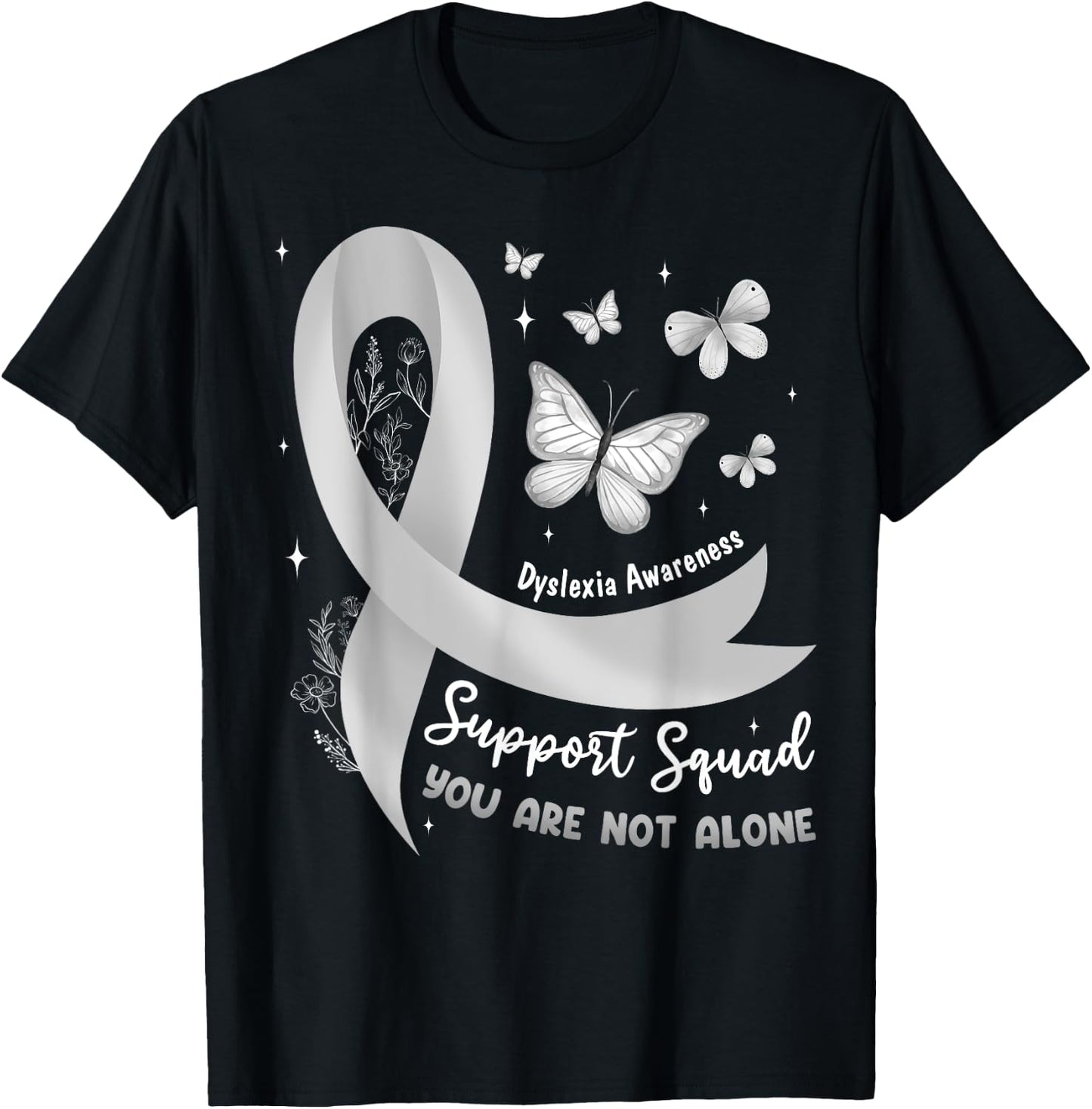 Support Squad Dyslexia Awareness Silver Ribbon Butterfly T-Shirt - T-Shirt | Black