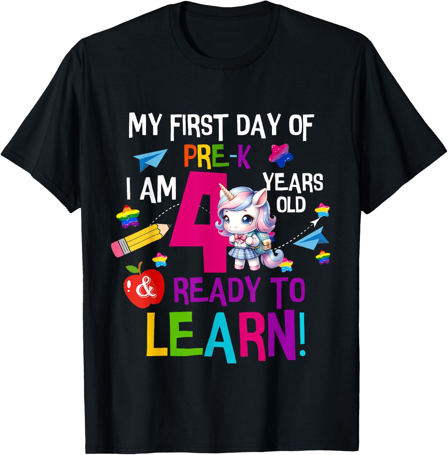 Cute My First Day Of Pre K I Am 4 Years Old Girls Kids Boys T-Shirt - T-Shirt | Black
