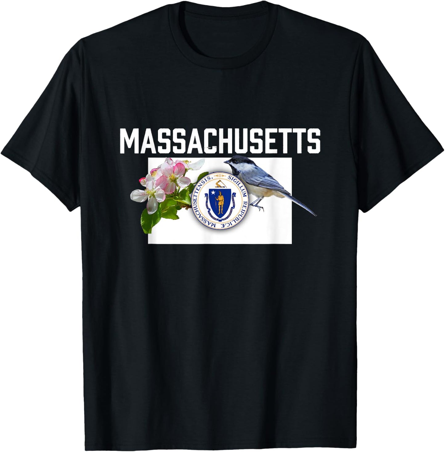 Massachusetts US State Flag With State Bird & Flower T-Shirt - T-Shirt | Black