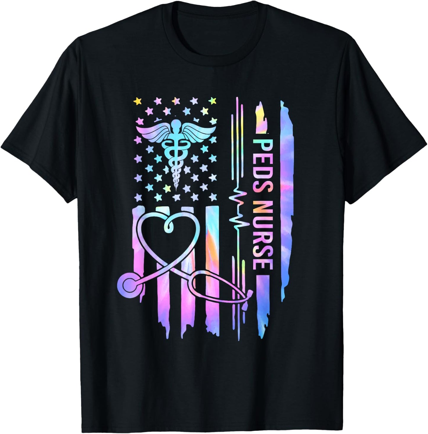 Pediatric Nurse PEDS Nursing Appreciation Pediatric USA Flag T-Shirt - T-Shirt | Black