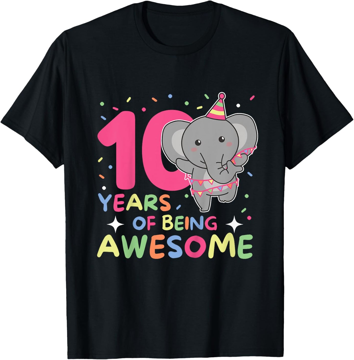 Elephant For 10th Birthday For Children Ten Years Old T-Shirt - T-Shirt | Black