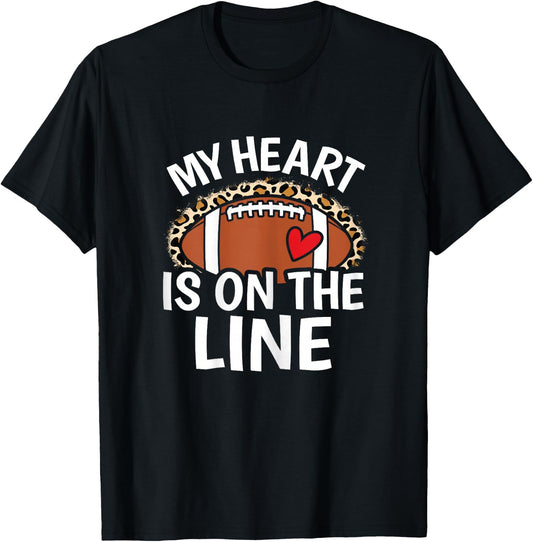 My Heart Is On The Line Cute Women Football Mom Grandma T-Shirt - T-Shirt | Black