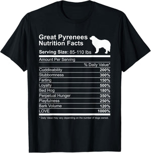 Funny Great Pyrenees Nutrition Facts Dog Lover PYR Dog Mom T-Shirt - T-Shirt | Black