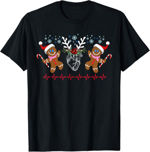 Floral Heart Reindeer Gingerbread Christmas Cardiac Nurse T-Shirt - T-Shirt | Black