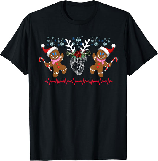 Floral Heart Reindeer Gingerbread Christmas Cardiac Nurse T-Shirt - T-Shirt | Black