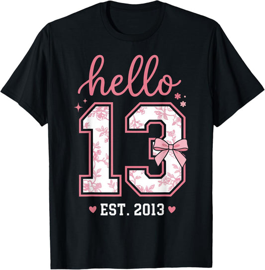 Hello Thirteen Est 2013 Coquette Bow 13th Birthday Girl T-Shirt - T-Shirt | Black